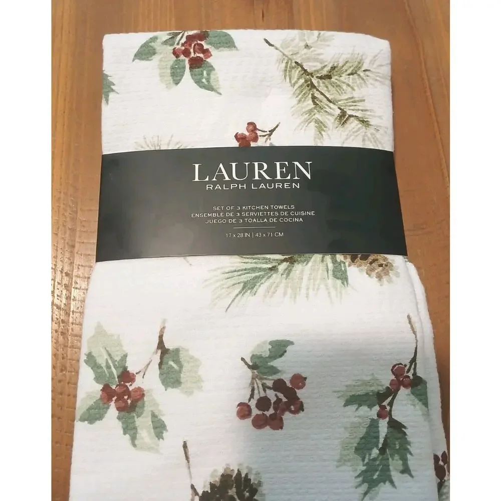 3-Pack Ralph Lauren Home Cotton Kitchen Towels Pinecones/Holly Multi 17x28 in